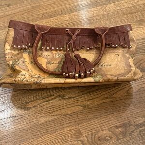 Alviero Martini Brown Map-Print Fringe Tote Bag